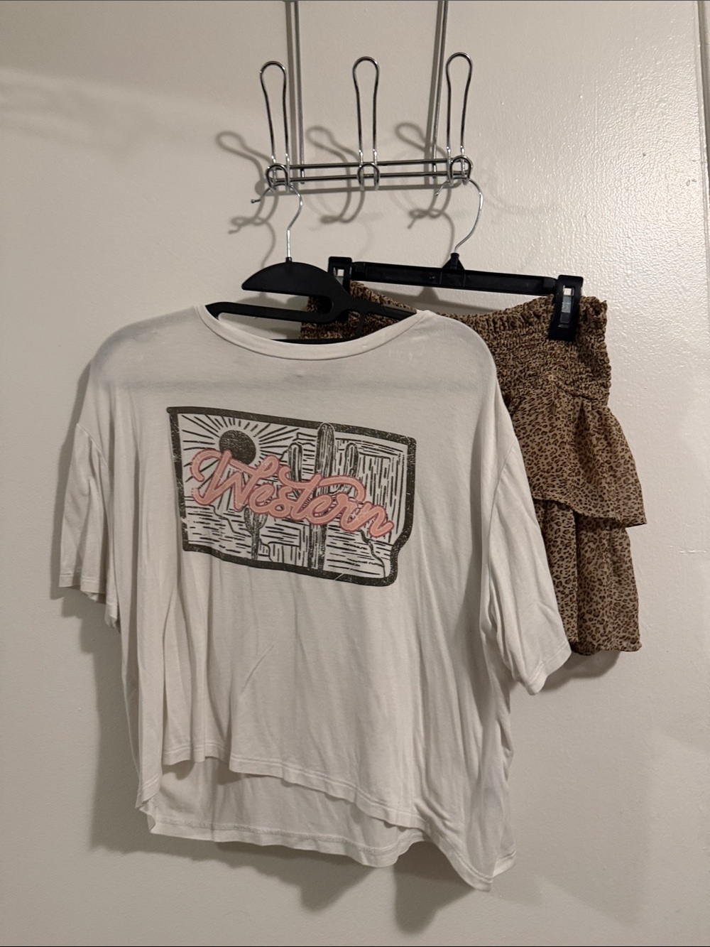 Graphic western tee and cheetah print ruffle skirt